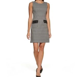 Jewel Neck Sleeveless Geo Printed Faux Pocket Sheath Dress
